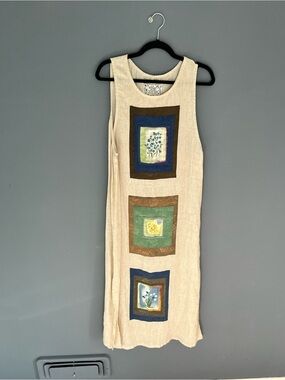 New LA Blend 100% Linen Size S Maxi Dress Hand Painted Floral Patch Cottagecore